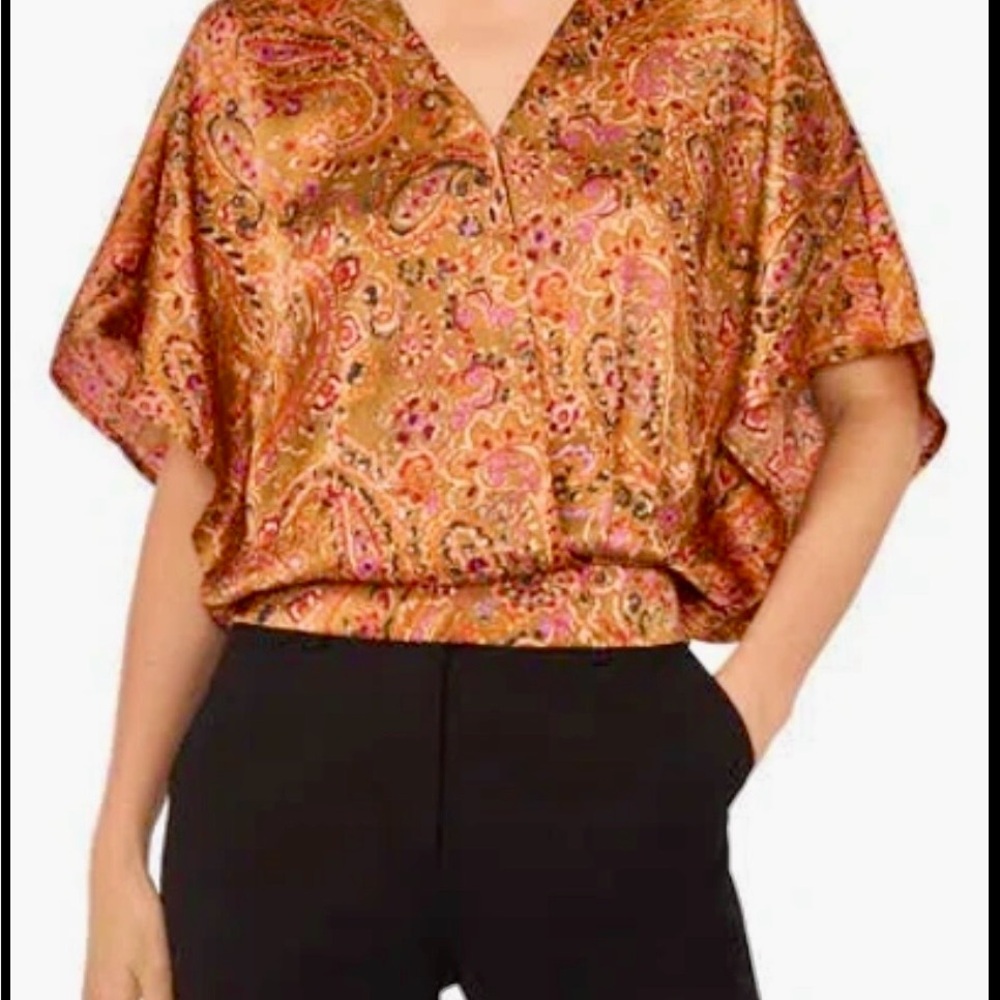 Halogen Faux Wrap Satin Top in Pumpkin Latte Paisley